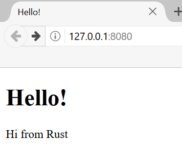 浏览器访问地址 127.0.0.1:8080 的截图，显示了一个包含文本内容 “Hello! Hi from Rust” 的网页